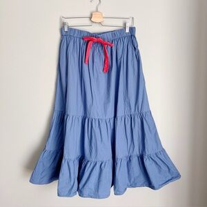 LIVRO Maxi Skirt Blue Chambray Red Tie Cotton Tiered Romantic Academia Medium M
